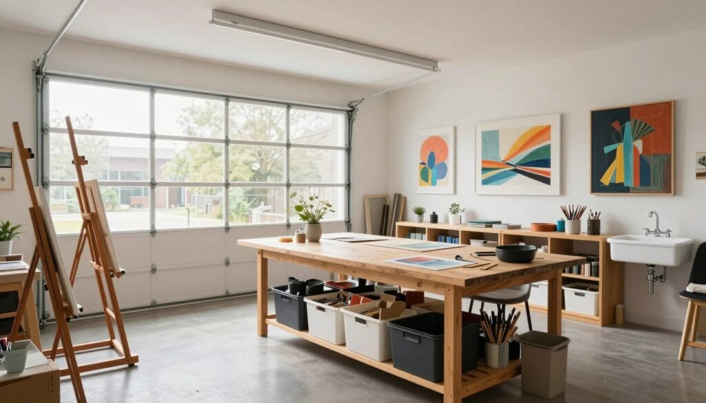 Bright garage conversion art studio with easels, storage for supplies, and excellent natural light Bright garage conversion art studio with easels, storage for supplies, and excellent natural light