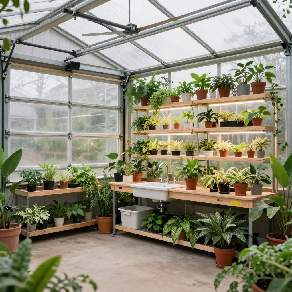 Bright garage conversion greenhouse with plant shelving and potting station Bright garage conversion greenhouse with plant shelving and potting station