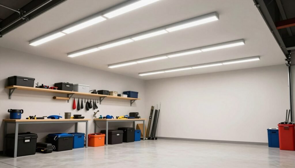 Bright garage interior with LED lighting illuminating the entire space evenly