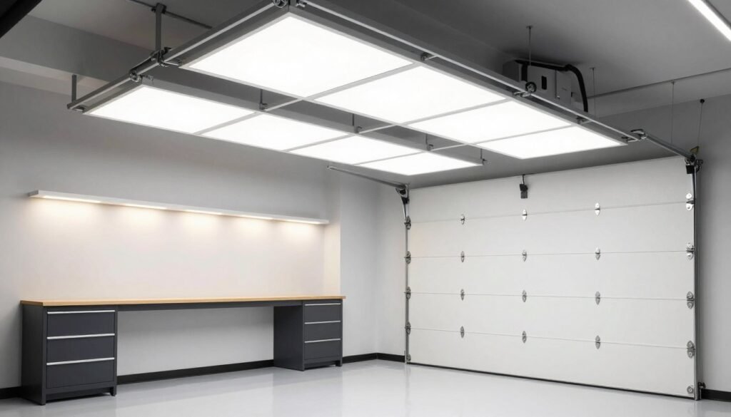 Bright garage interior with layered lighting including LED strips and task lighting