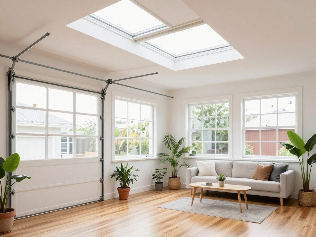 Bright garage studio with large windows and skylights