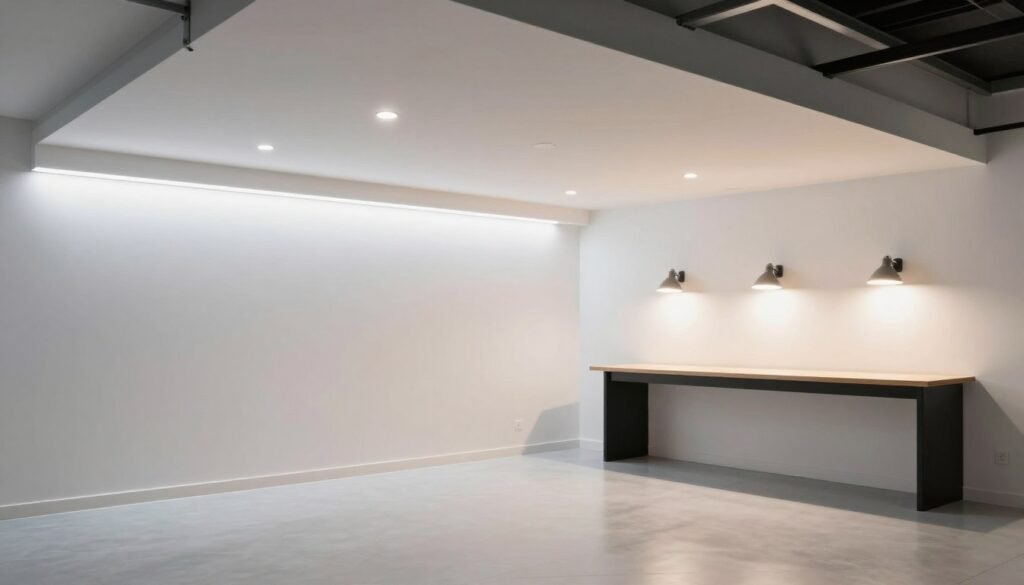 Bright garage with multiple lighting types including LED strips and recessed lights Bright garage with multiple lighting types including LED strips and recessed lights