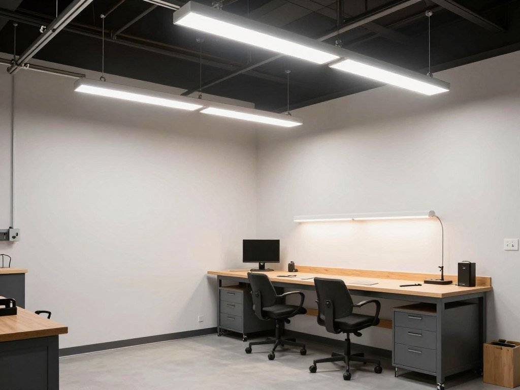 Bright garage workshop with overhead LED lighting and task lighting at the workbench Bright garage workshop with overhead LED lighting and task lighting at the workbench