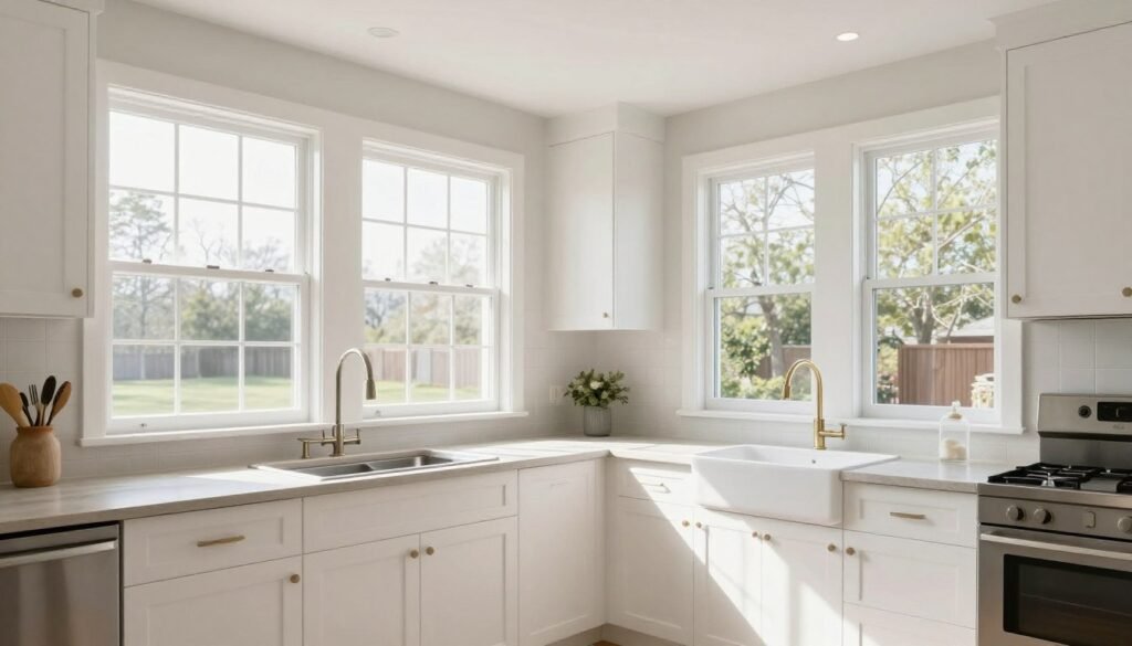 Bright kitchen with large windows allowing abundant natural light
