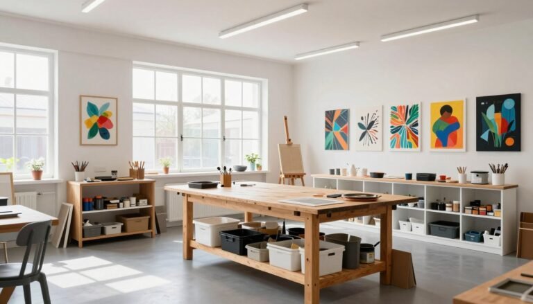 Bright, transformed garage art studio with white walls, large windows, wooden workbench, and organized art supplies on shelves