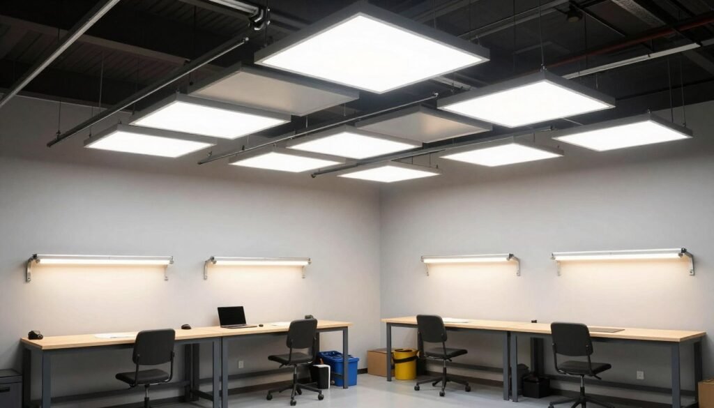 Bright, well-lit garage workshop with overhead LED lighting and task lighting at workstations Bright, well-lit garage workshop with overhead LED lighting and task lighting at workstations