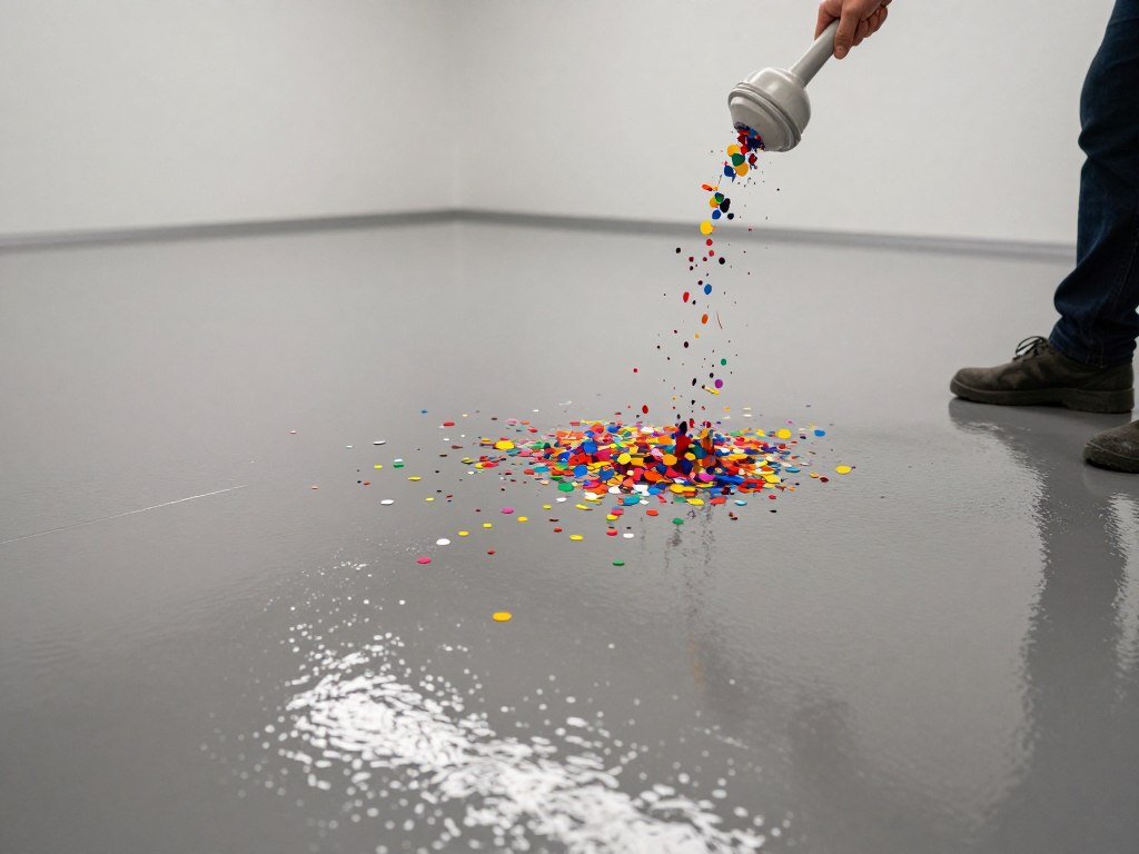 Broadcasting decorative flakes onto wet epoxy garage floor Broadcasting decorative flakes onto wet epoxy garage floor