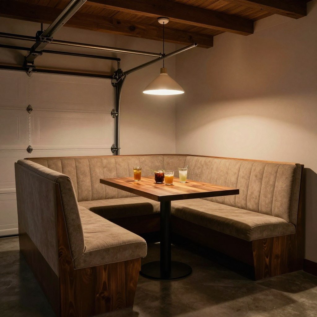 Built-in booth seating along garage bar wall