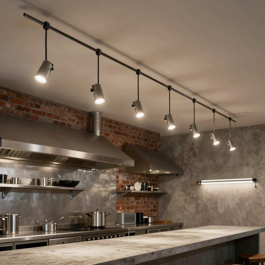 Cable lighting system in industrial-style kitchen