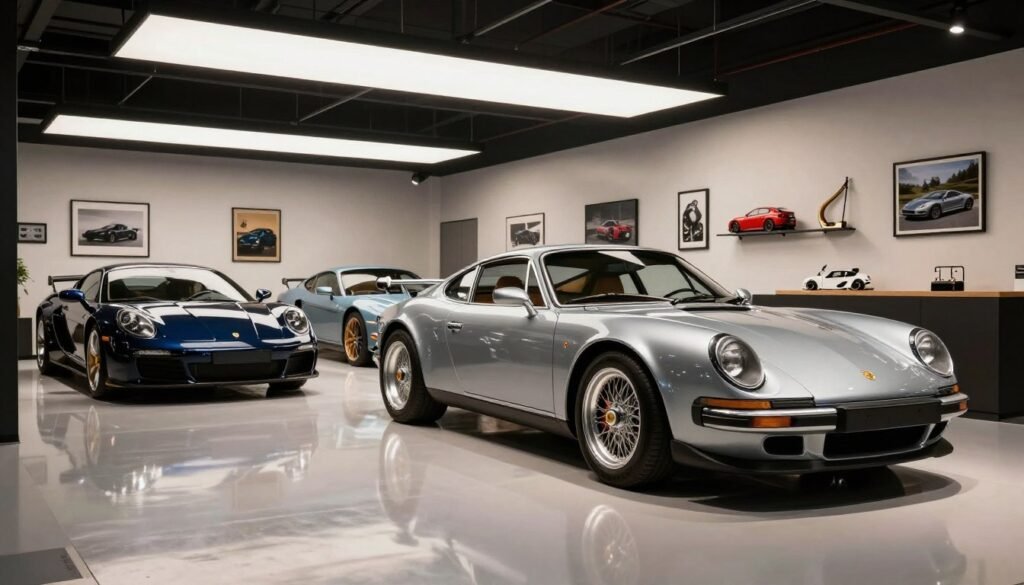 Car showroom style garage with glossy floors, dramatic lighting, and automotive garage inspo elements