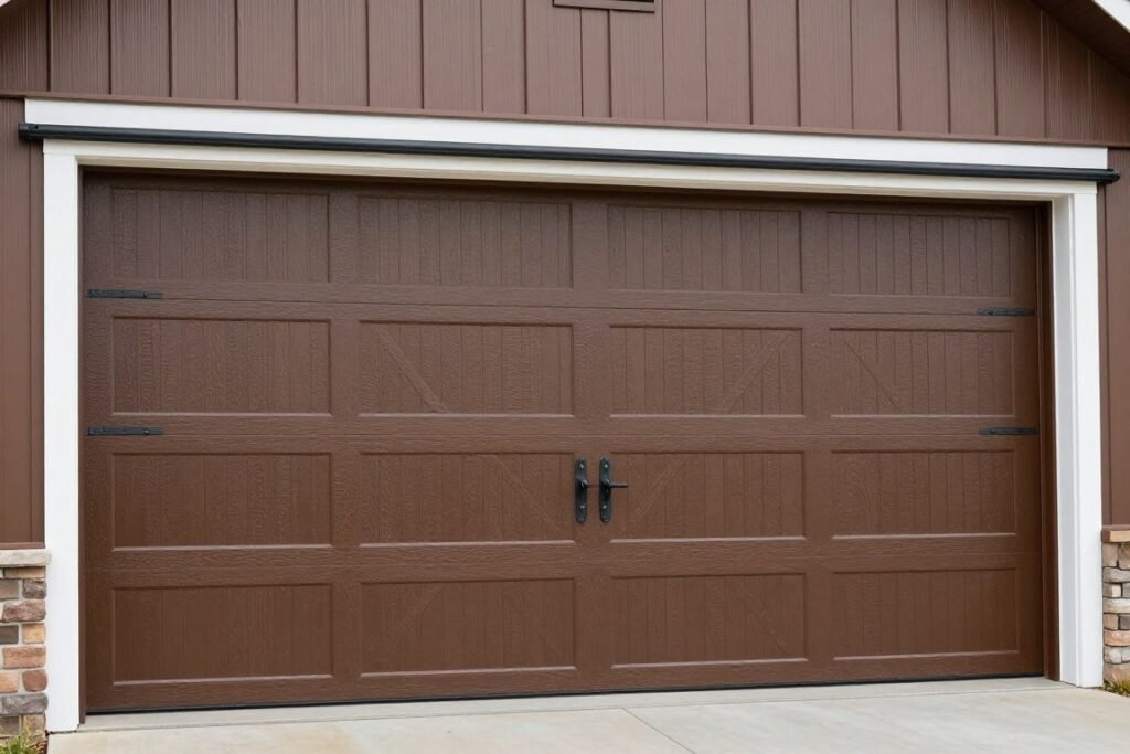 Carriage-style garage doors with crossbuck design and decorative hardware on a barn style garage
