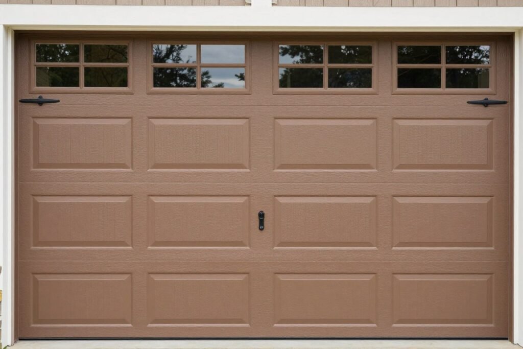 Carriage-style garage doors with decorative hardware