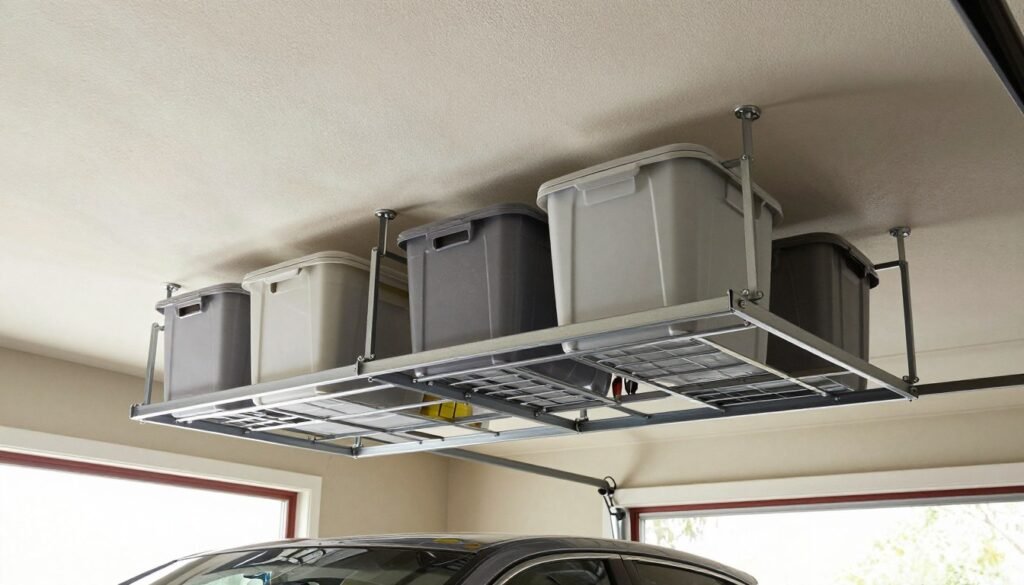 Ceiling-mounted garage storage racks holding seasonal items and large containers