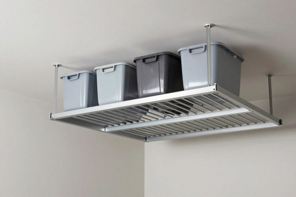 Ceiling-mounted overhead garage storage racks holding seasonal items and boxes, maximizing garage inspo space utilization