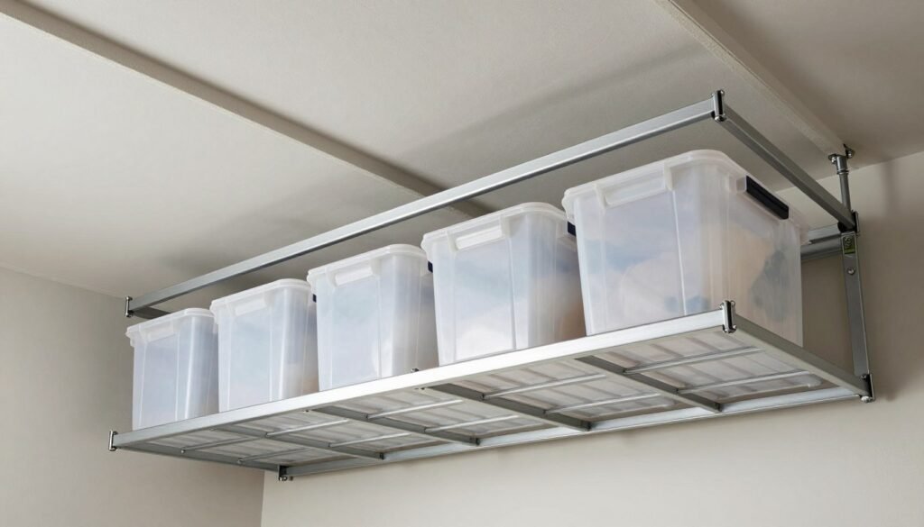 Ceiling-mounted overhead storage racks in garage holding plastic bins