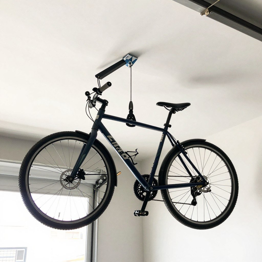 Ceiling-mounted pulley system for bicycle storage