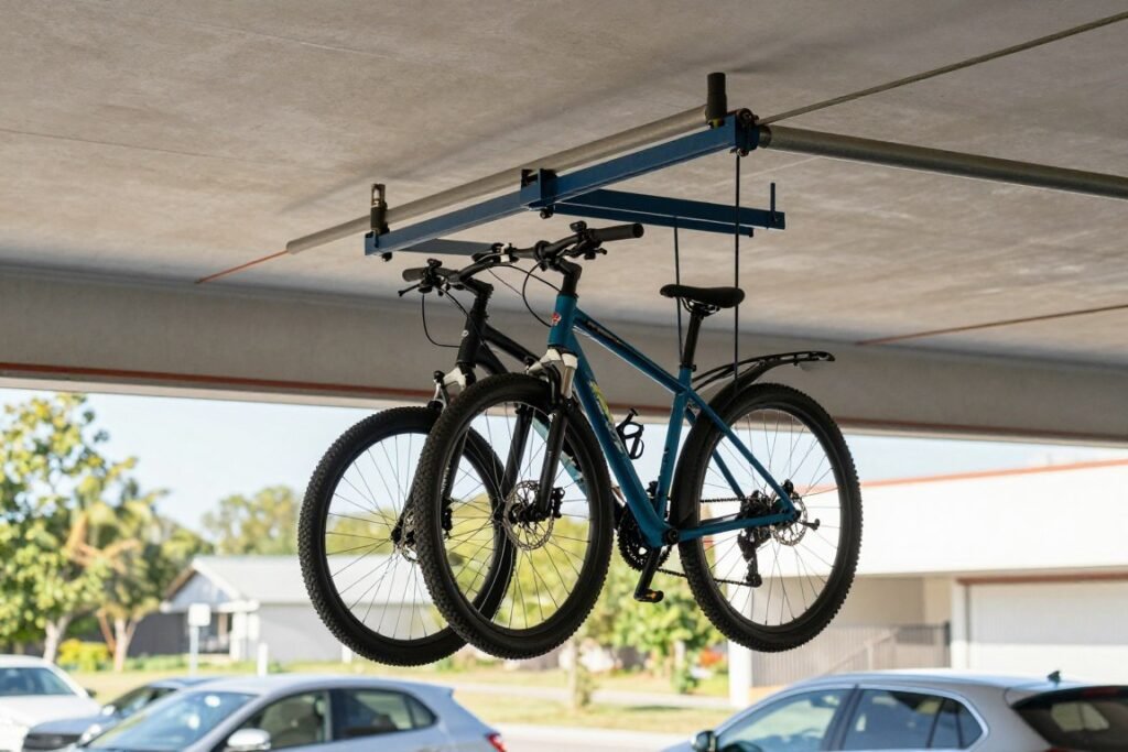 Ceiling-mounted pulley system for bicycle storage