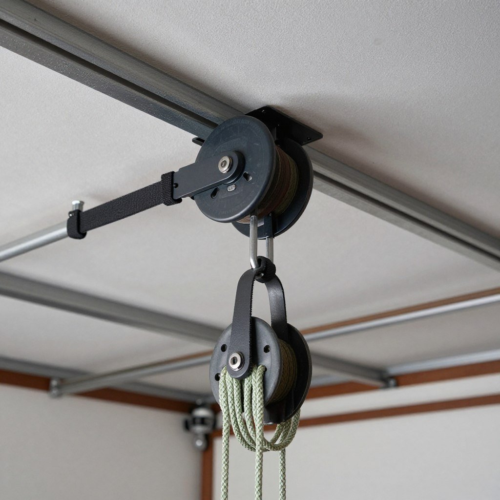 Ceiling-mounted pulley system for kayak or bicycle storage Ceiling-mounted pulley system for kayak or bicycle storage