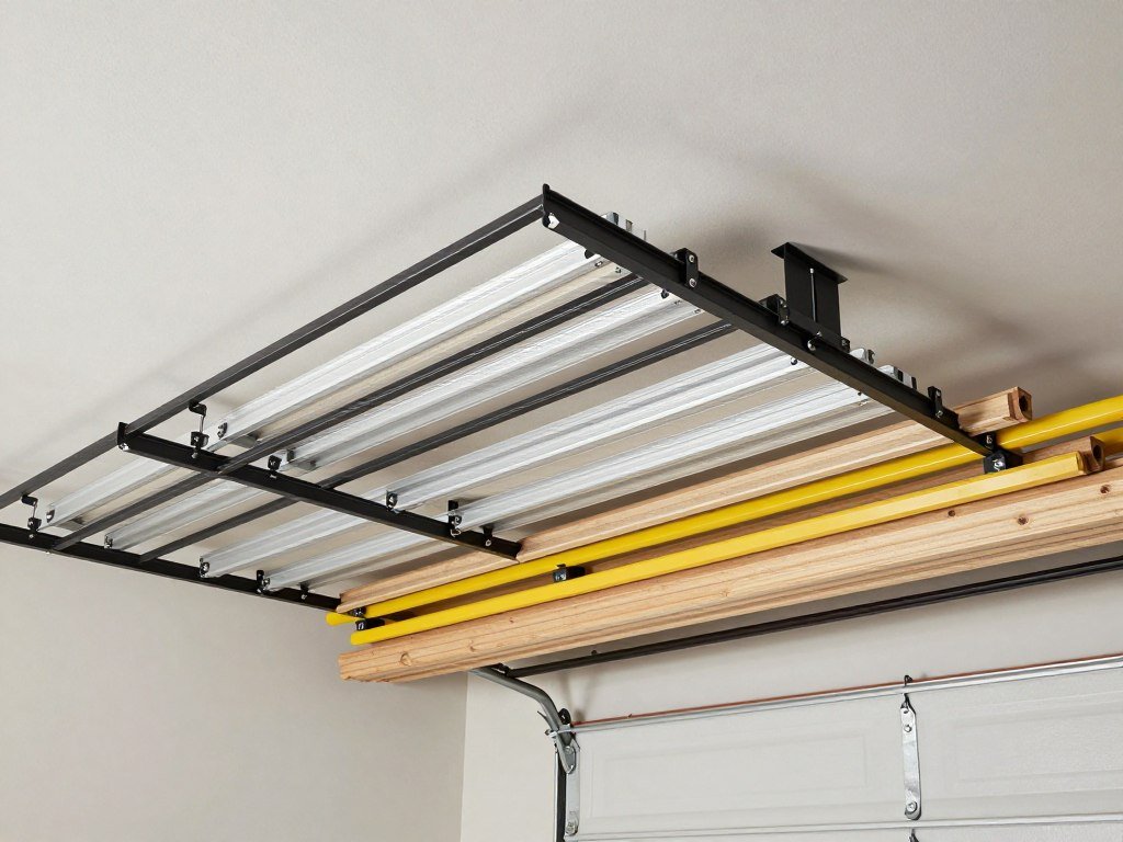 Ceiling-mounted rack storing long items in garage overhead space