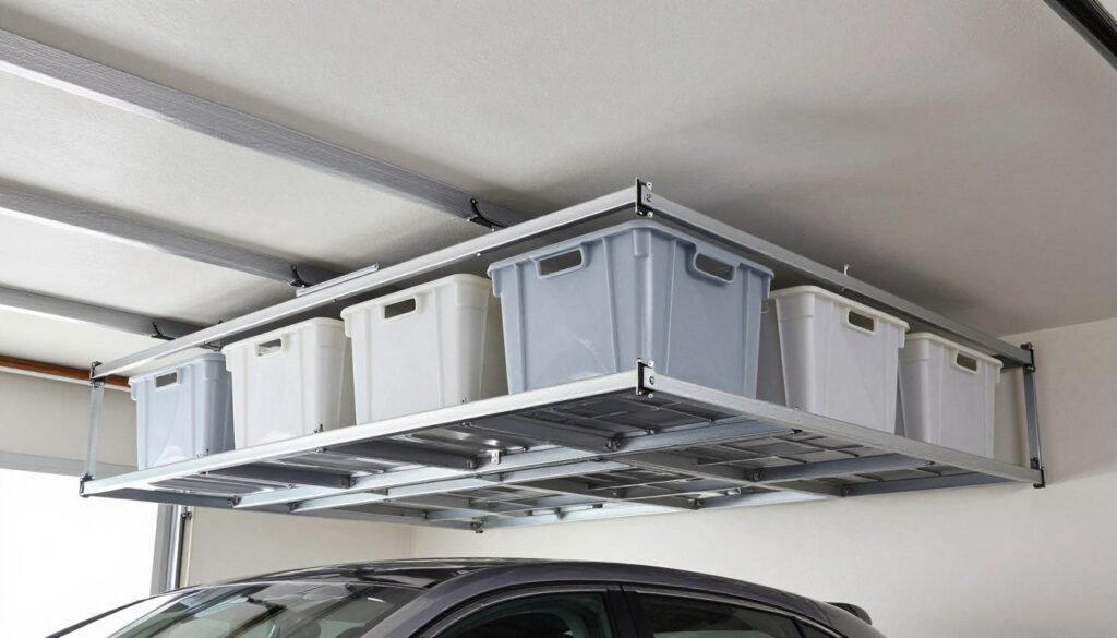 Ceiling-mounted storage racks in a garage holding plastic bins