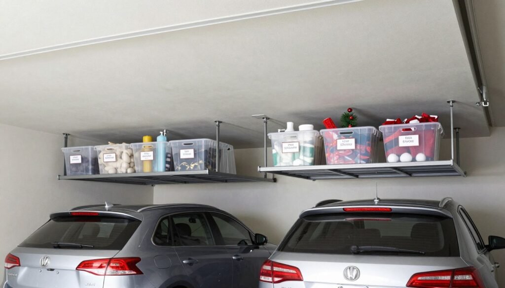 Ceiling-mounted storage racks in a two car garage holding seasonal storage bins above the parked vehicles