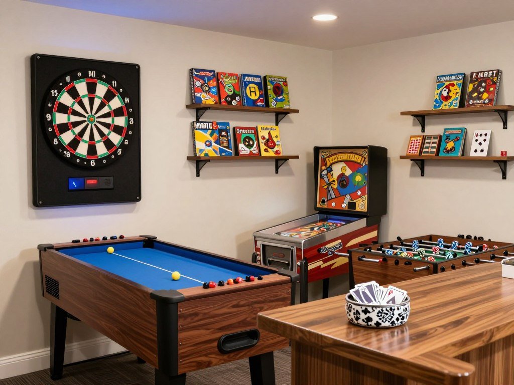 Classic bar games set up in a garage bar entertainment area