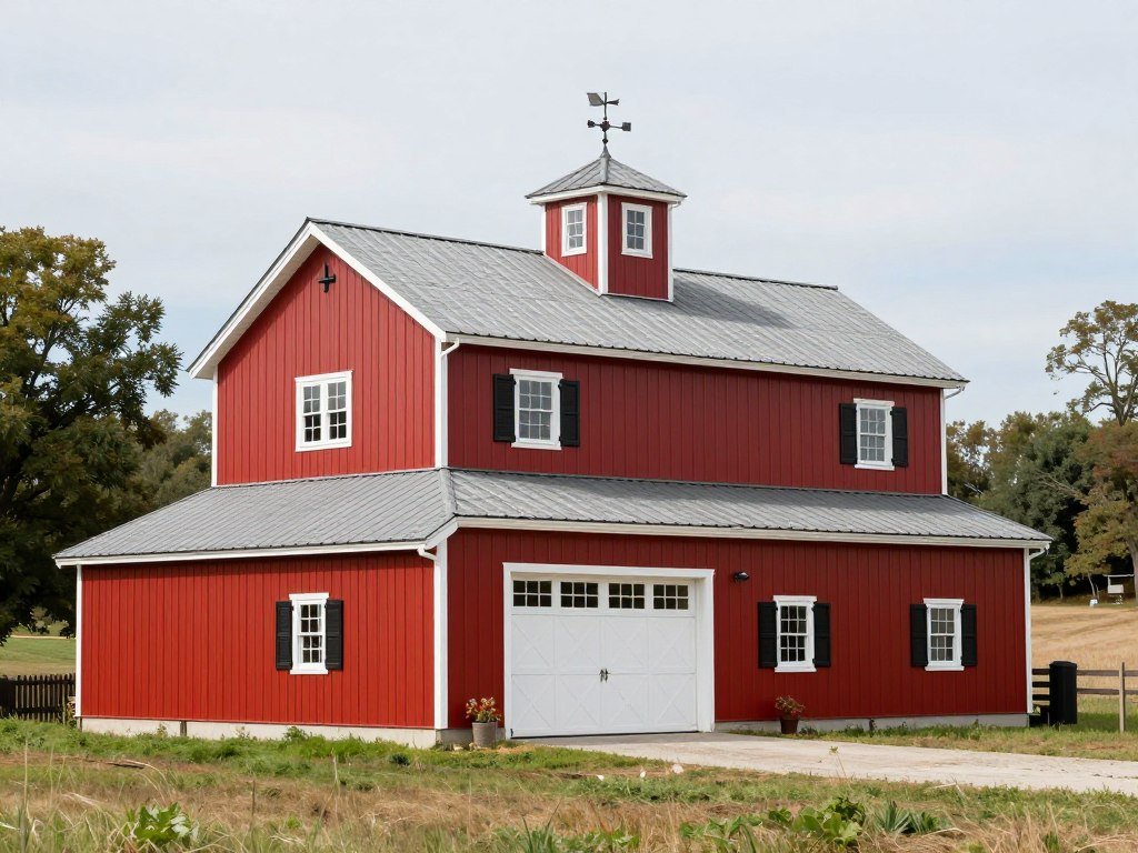 Classic farmhouse style pole barn garage with red siding and white trim