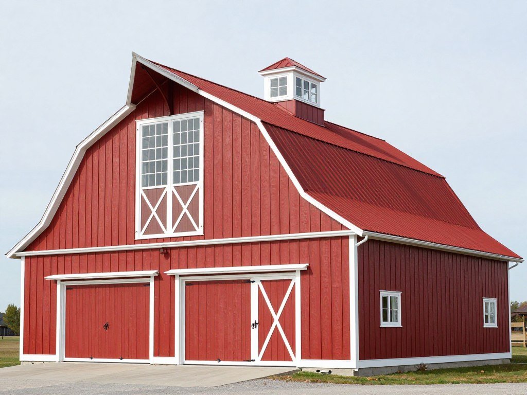 Classic gambrel roof barn style garage with red siding and white trim, featuring traditional barn design elements