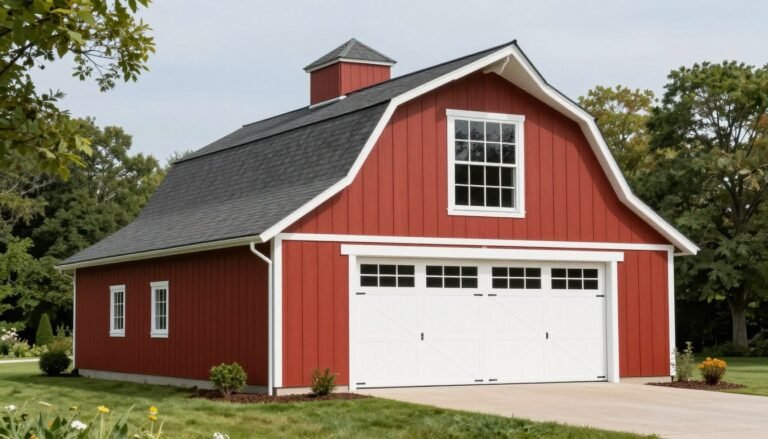 Classic red barn style garage with white trim, gambrel roof, and sliding doors showcasing traditional barn architecture