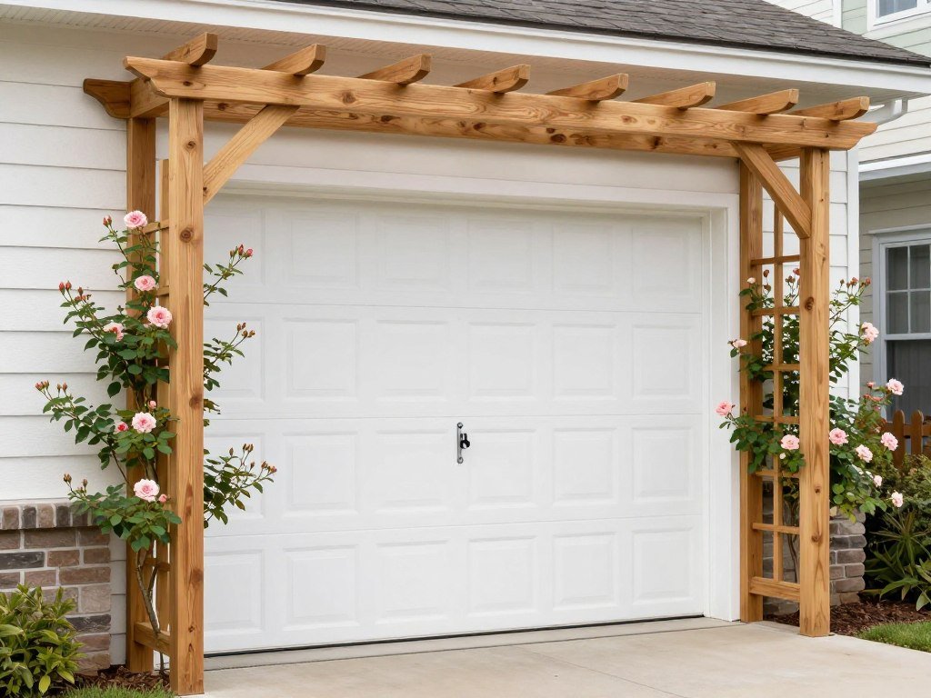 Classic wooden garage pergola with climbing roses adding cottage charm to a white garage