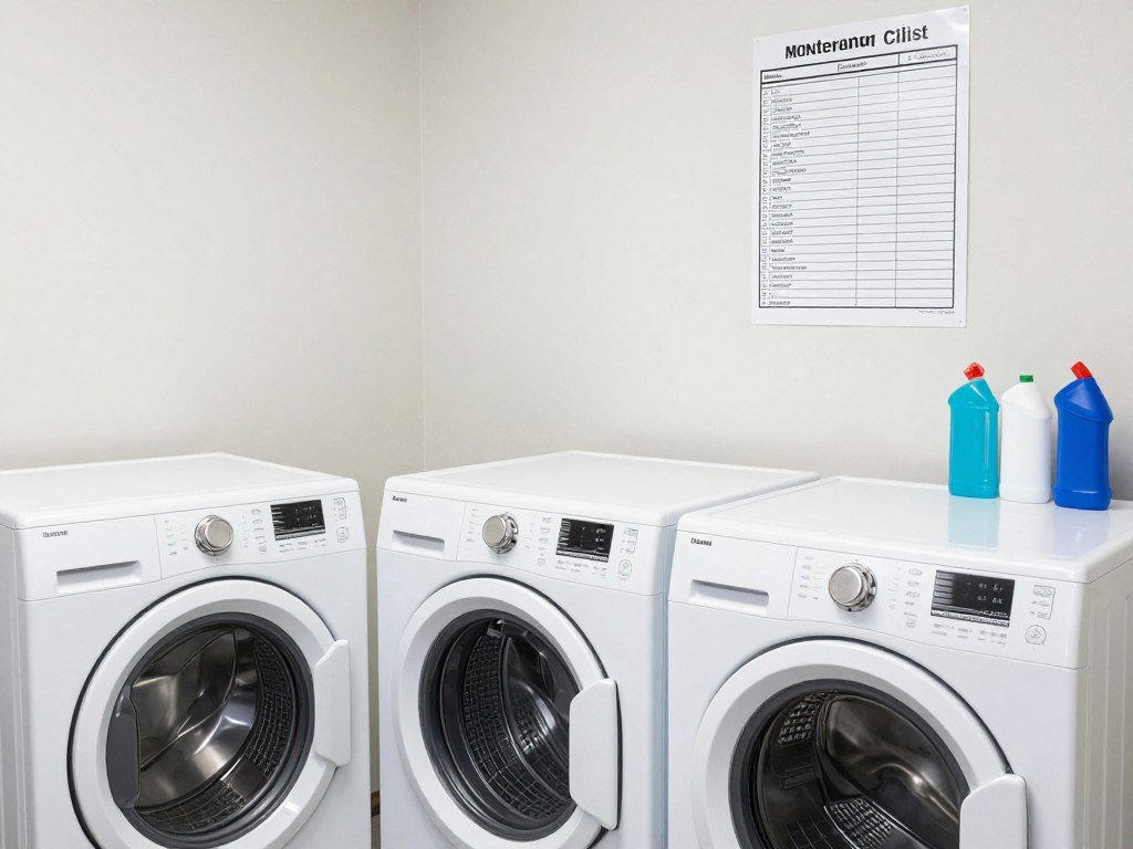 Clean and well-maintained garage laundry area with maintenance checklist visible