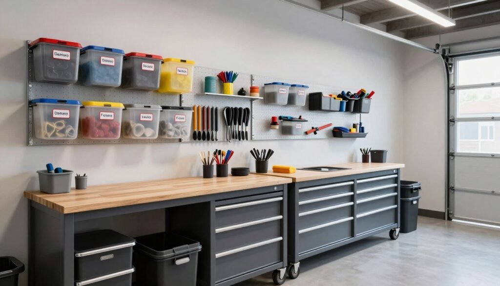 Clean and well-maintained garage workshop with labeled storage and organized work surfaces Clean and well-maintained garage workshop with labeled storage and organized work surfaces
