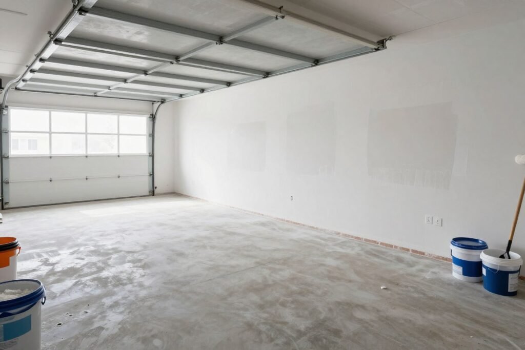 Clean, empty garage being prepared for art studio conversion with walls being patched and painted