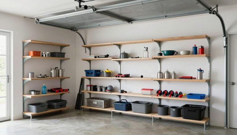 Clean, organized garage with various shelving systems installed
