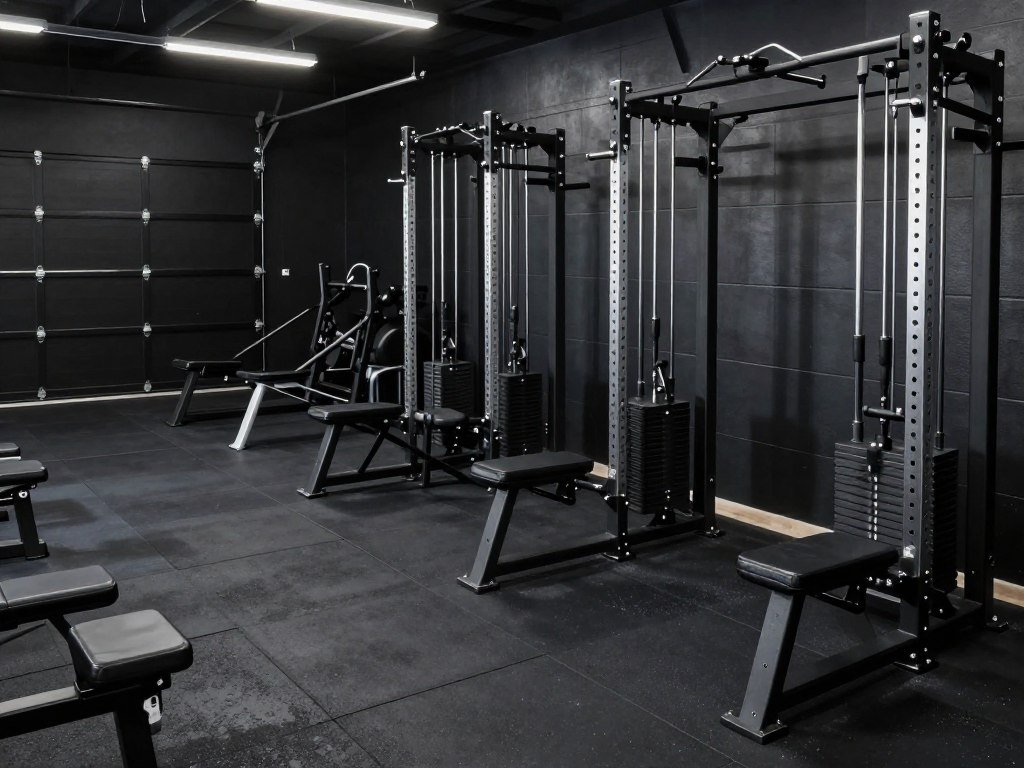 Clean, well-maintained black garage gym with organized equipment