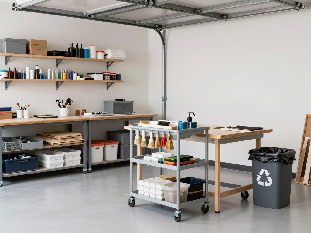 Clean, well-maintained garage art studio with organized supplies and cleaning station