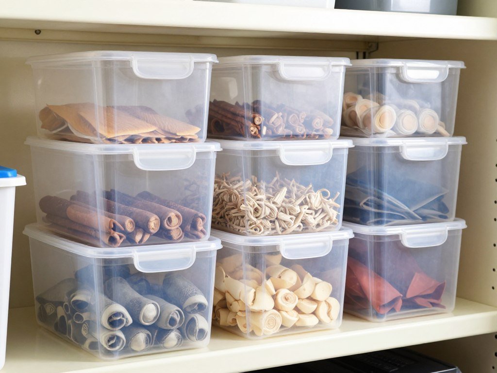 Clear plastic storage bins on shelves with visible contents and labels Clear plastic storage bins on shelves with visible contents and labels