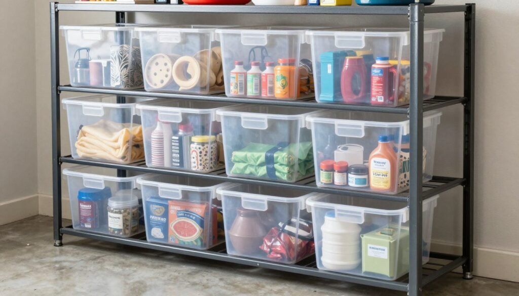Clear plastic storage bins stacked on garage shelving with labels