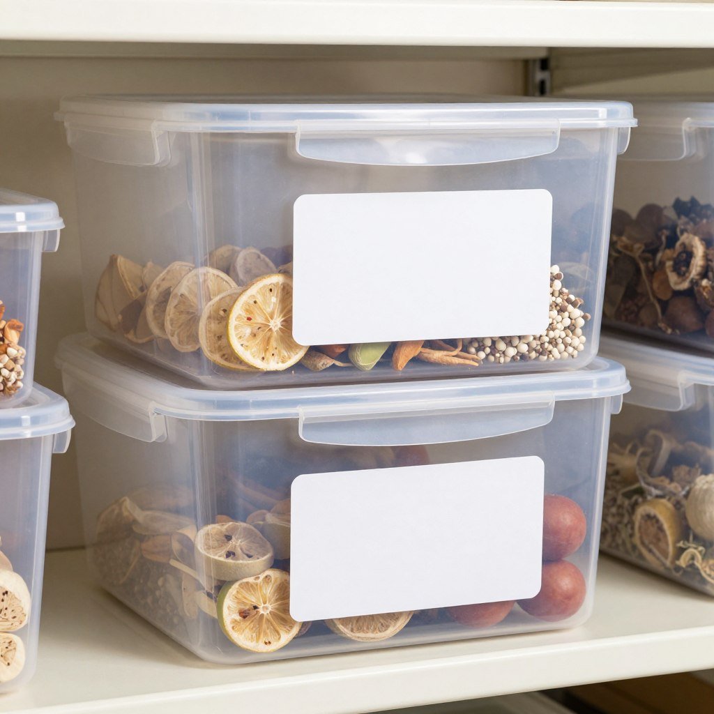 Clear plastic storage bins with secure lids and labels