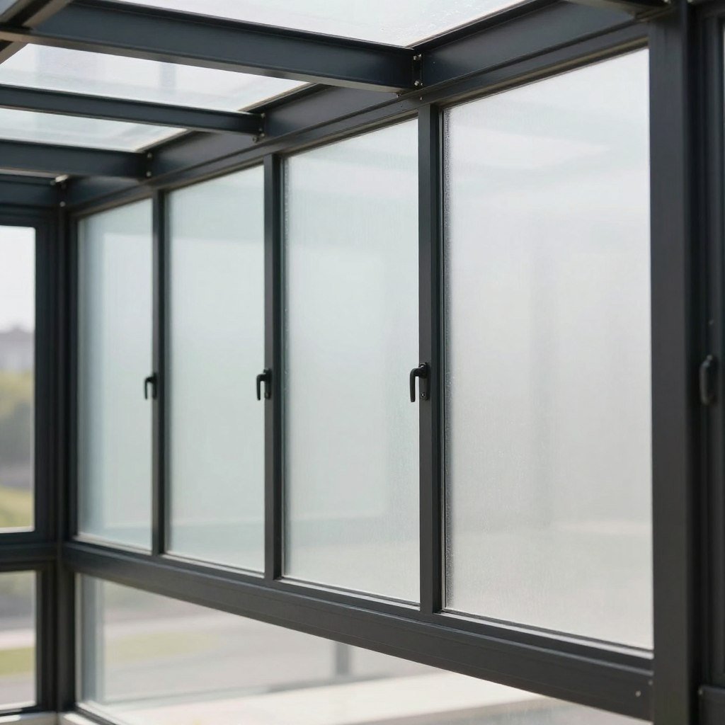 Clear tempered glass panels in a breezeway enclosure with black aluminum framing Clear tempered glass panels in a breezeway enclosure with black aluminum framing