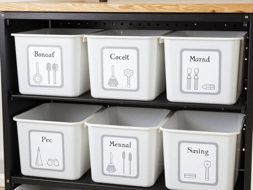 Clearly labeled storage bins and tool outlines in garage organization system