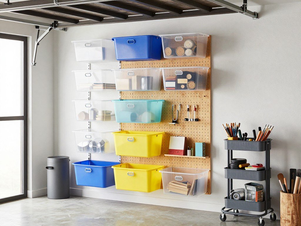 Clever storage solutions in a garage art studio with labeled bins, vertical storage, and rolling carts