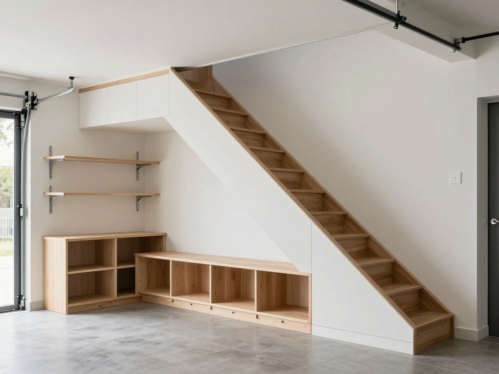 Clever storage solutions in an above garage apartment interior with built-ins and hidden compartments