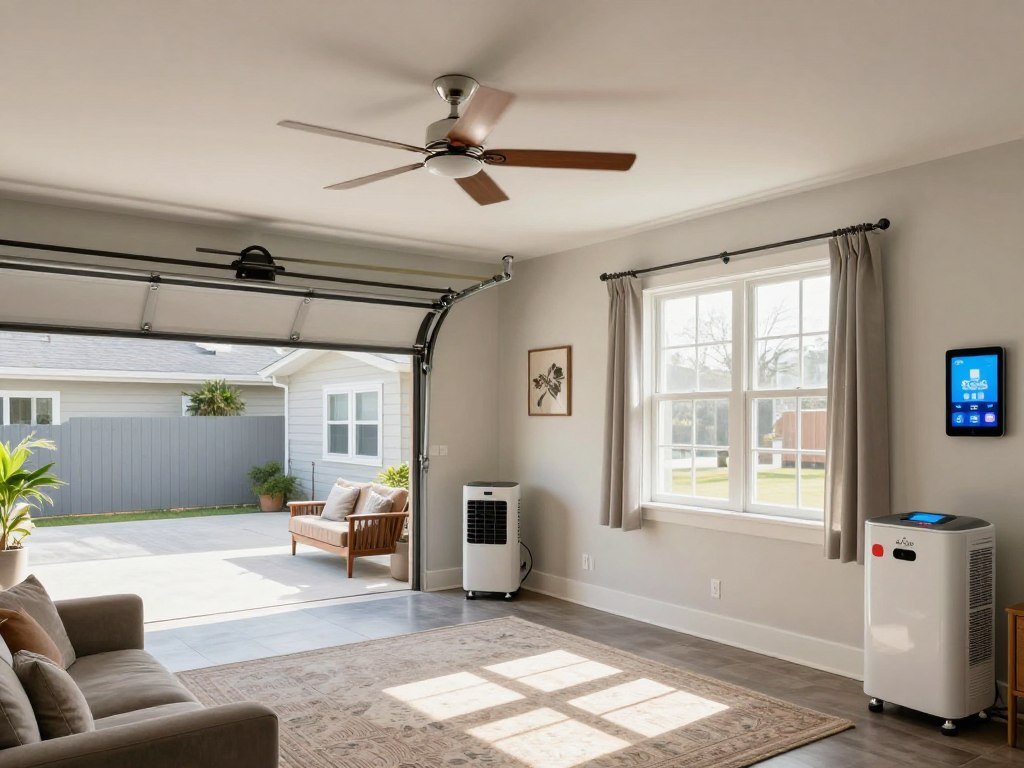 Climate control in an above garage apartment interior showing insulation and temperature management solutions