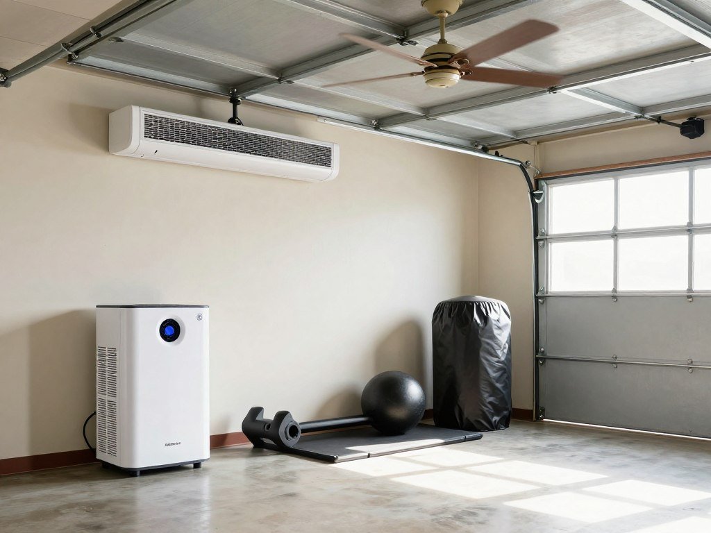 Climate control solutions for garage gym including dehumidifier and heater