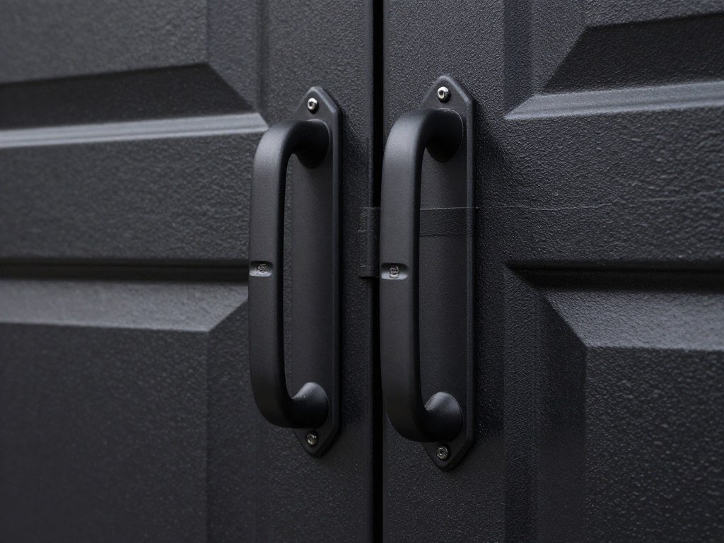 Close-up of black garage door decorative hardware showing handles and hinges