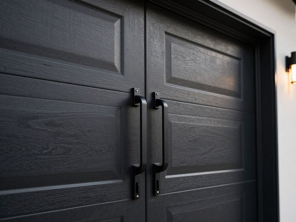 Close-up of black garage door with complementary hardware and lighting