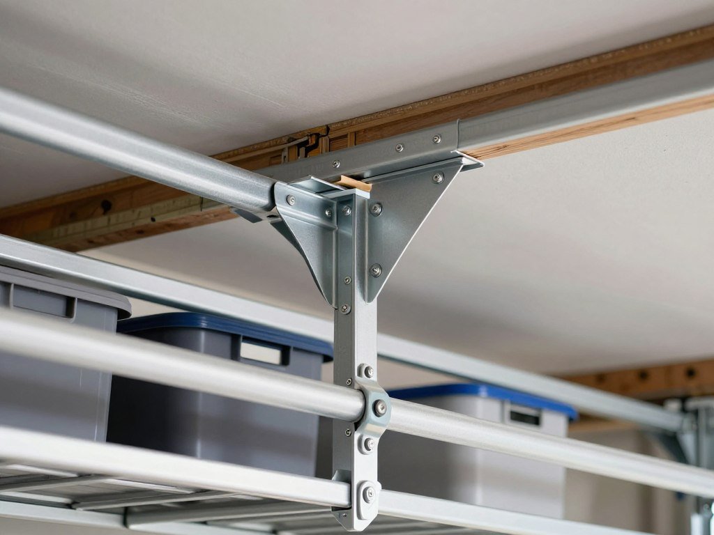 Close-up of ceiling-mounted storage rack installation showing proper mounting to joists