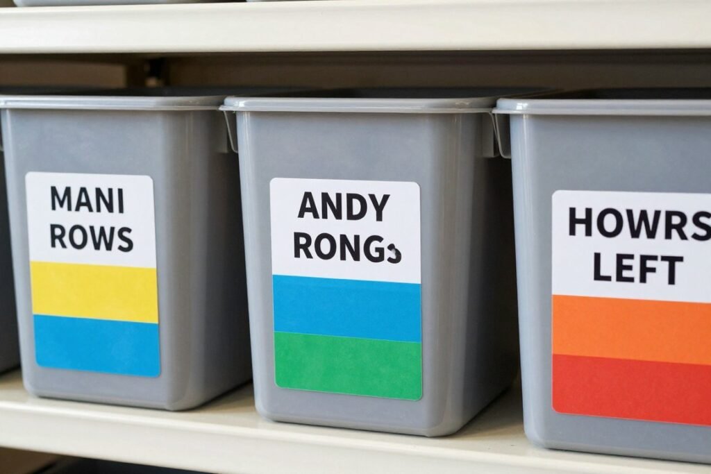 Close-up of clearly labeled storage bins on garage shelving