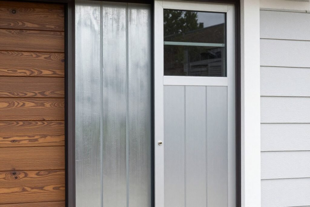 Close-up of different garage door materials showing texture and finish